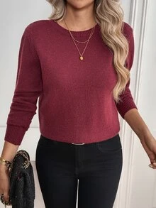 Breezaya Women's Round Neck Long Sleeve Solid Color Fashion Lace Backless Basic Sweater - Burgundy - View 3