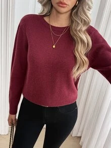 Breezaya Women's Round Neck Long Sleeve Solid Color Fashion Lace Backless Basic Sweater - Burgundy - View 6