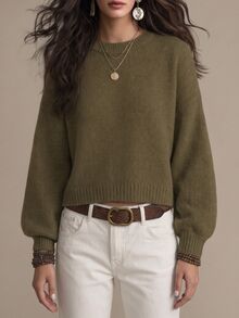 Elafinee Women's Solid Color Simple Casual Crew Neck Long Sleeve White Sweater - Olive Green - View 1