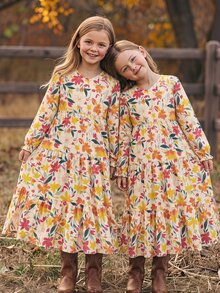 SHEIN 兒童青少年女孩碎花V領泡泡袖洋裝，休閒度假風花卉洋裝，卡其色/杏色 - 黃色 - 查看 1