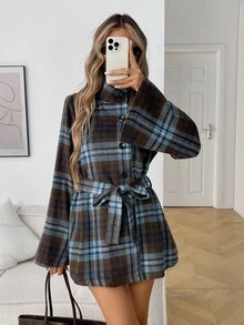Elyressa Ladies' Woven Check Pattern Elegant Winter Tweed - Brown - View 1