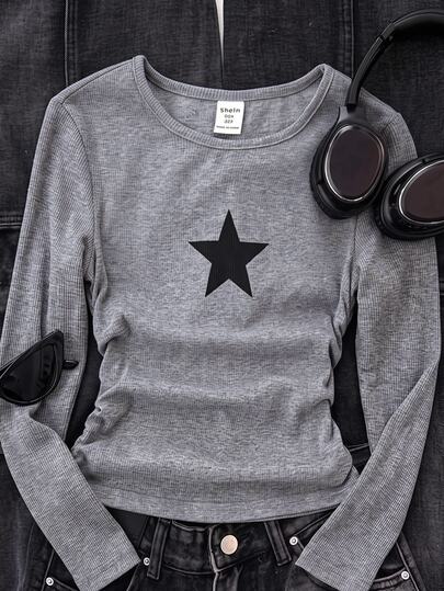 Kids Tween Girl Autumn Gray Long Sleeve Star Print Slim Fit Comfortable Casual T-Shirt