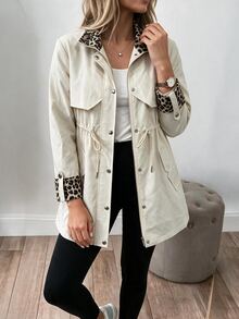 Louniche Jaket Trench Coat Wanita Motif Leopard Patchwork dengan Manset, Kancing Tunggal, dan Tali Serut di Pinggang - Aprikot - View 4