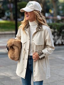 Louniche Jaket Trench Coat Wanita Motif Leopard Patchwork dengan Manset, Kancing Tunggal, dan Tali Serut di Pinggang - Aprikot - View 1