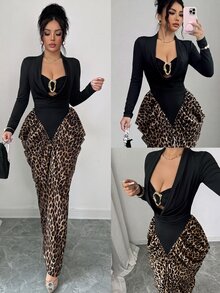 SHEIN Elenzya Women's Patchwork Leopard Print Metal Decor Long Sleeve Slim Fit Elegant Sexy Midi Dress Night Out Black And White Leopard Print Autumn - Black - View 1