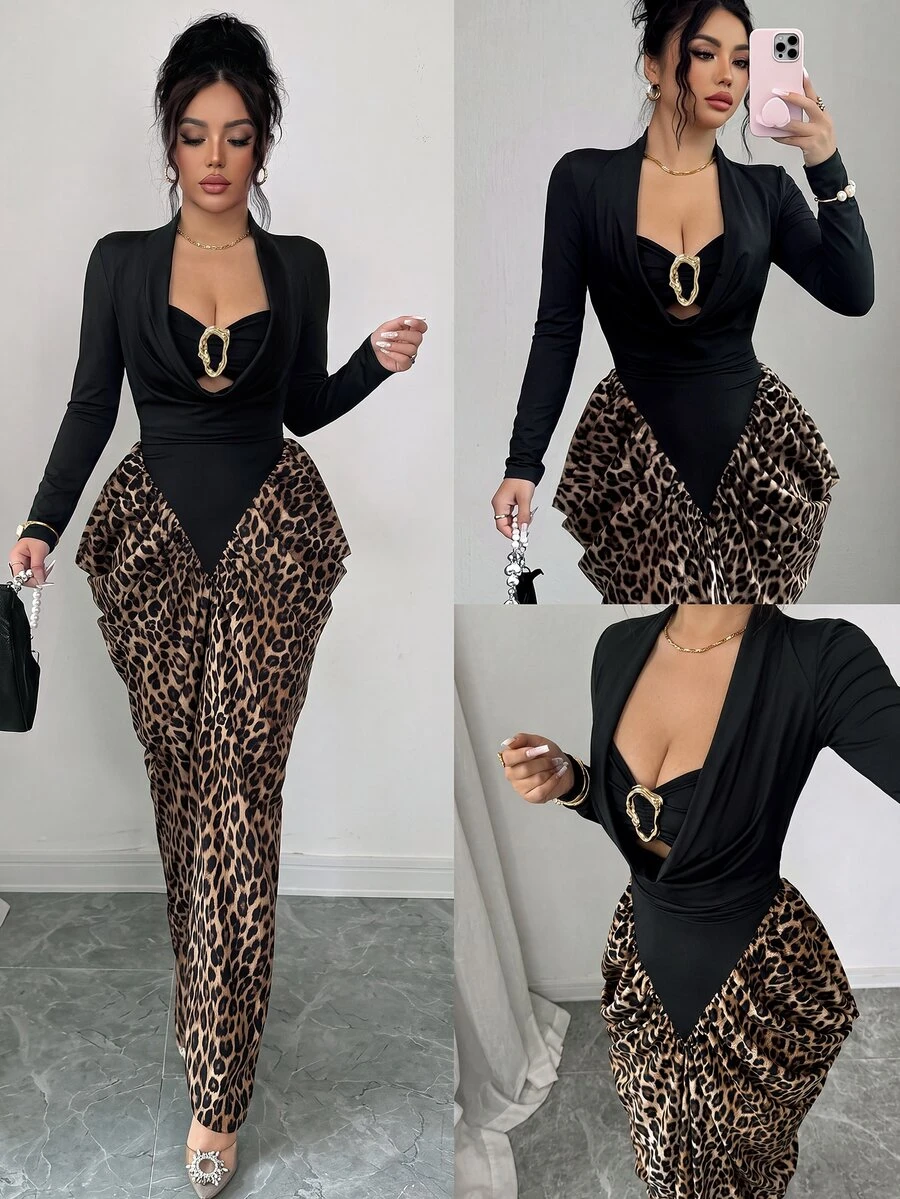 SHEIN Elenzya Women's Patchwork Leopard Print Metal Decor Long Sleeve Slim Fit Elegant Sexy Midi Dress Night Out Black And White Leopard Print Autumn - Black - View 1