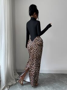 SHEIN Elenzya Women's Patchwork Leopard Print Metal Decor Long Sleeve Slim Fit Elegant Sexy Midi Dress Night Out Black And White Leopard Print Autumn - Black - View 2