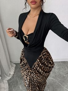 SHEIN Elenzya Women's Patchwork Leopard Print Metal Decor Long Sleeve Slim Fit Elegant Sexy Midi Dress Night Out Black And White Leopard Print Autumn - Black - View 5