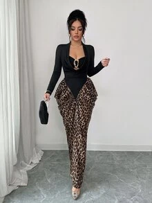 SHEIN Elenzya Women's Patchwork Leopard Print Metal Decor Long Sleeve Slim Fit Elegant Sexy Midi Dress Night Out Black And White Leopard Print Autumn - Black - View 4