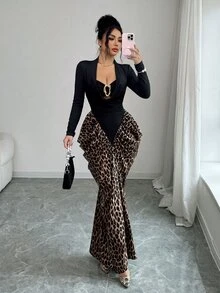 SHEIN Elenzya Women's Patchwork Leopard Print Metal Decor Long Sleeve Slim Fit Elegant Sexy Midi Dress Night Out Black And White Leopard Print Autumn - Black - View 3