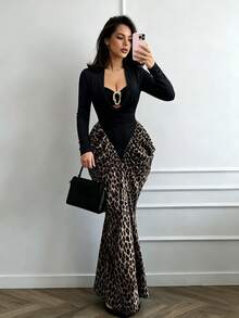 SHEIN Elenzya Women's Patchwork Leopard Print Metal Decor Long Sleeve Slim Fit Elegant Sexy Midi Dress Night Out Black And White Leopard Print Autumn - Black - View 6