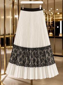GlowEve CURVE Plus Size Women's Lace Patchwork Pleated A-Line Maxi Skirt Fall - Apricot - View 3
