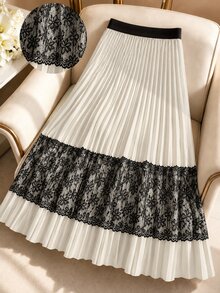 GlowEve CURVE Plus Size Women's Lace Patchwork Pleated A-Line Maxi Skirt Fall - Apricot - View 5