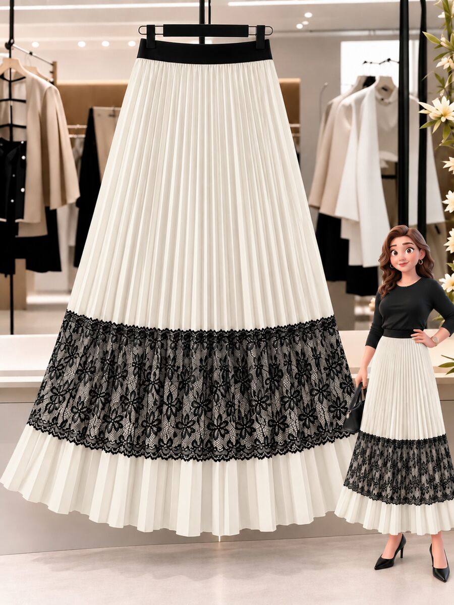 GlowEve CURVE Plus Size Women's Lace Patchwork Pleated A-Line Maxi Skirt Fall - Apricot - View 1
