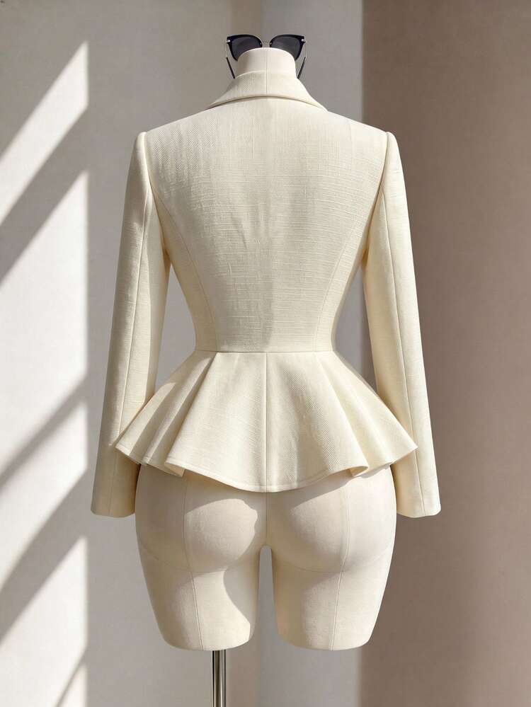 Fine & Folde 女款純白色素色粗花呢外套，冷天/派對辦公室優雅寬鬆款，無口袋、荷葉邊下擺、大翻領、收腰設計 - 杏色 - 查看 2