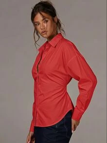 Athîral 女款淺紅色長袖襯衫，秋季辦公日常商務通勤休閒法式優雅上衣，經典寬鬆版型，可調節背部 - 紅色 - 查看 5
