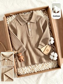 SHEIN Kemeja Polo Lengan Panjang Bayi, Atasan Henley Kancing Rajut Vertikal, Kaos Kasual Musim Dingin 2026 Lembut dan Elastis untuk Bayi dan Balita - Coklat - View 2