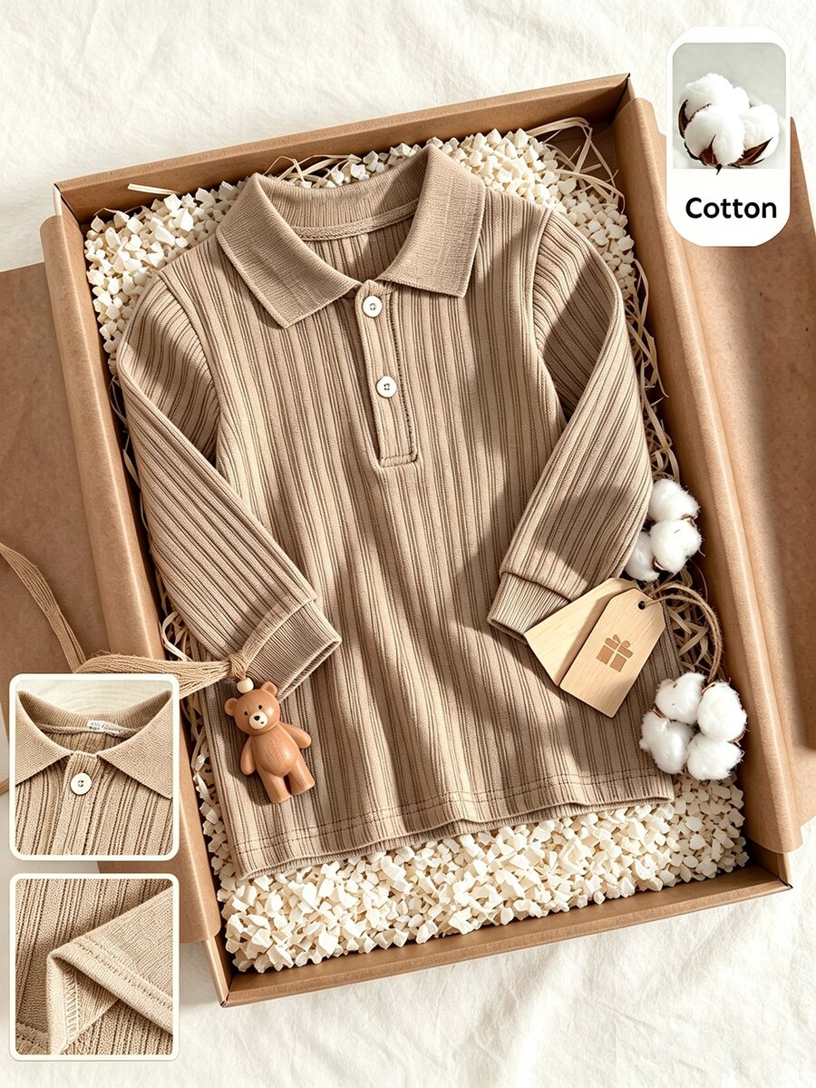 SHEIN Kemeja Polo Lengan Panjang Bayi, Atasan Henley Kancing Rajut Vertikal, Kaos Kasual Musim Dingin 2026 Lembut dan Elastis untuk Bayi dan Balita