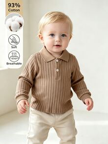 SHEIN Kemeja Polo Lengan Panjang Bayi, Atasan Henley Kancing Rajut Vertikal, Kaos Kasual Musim Dingin 2026 Lembut dan Elastis untuk Bayi dan Balita - Coklat - View 4