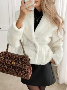 Yalmera Women's Solid Color Fashion Versatile Winter Faux Fur Coat Dinner Everyday Off-White French Elegant - Apricot - View 4