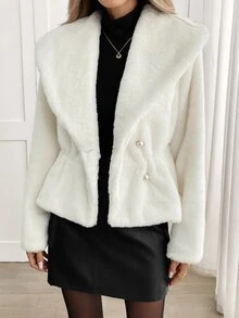 Yalmera Women's Solid Color Fashion Versatile Winter Faux Fur Coat Dinner Everyday Off-White French Elegant - Apricot - View 6