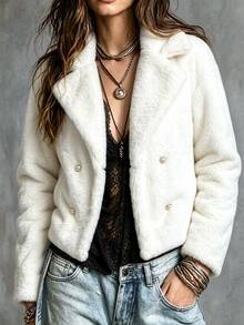 Yalmera Women's Solid Color Double-Breasted Belted Faux Fur Coat Going Out White Winter Elegant - Beige - View 1