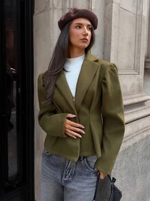 Aloruh Jaket Wanita Elegan dengan Kerah Berkerut dan Potongan Ramping, Warna Hijau Zaitun, Cocok untuk Musim Gugur/Musim Dingin, Nyaman, dan Kantor. - Olive Green - View 6