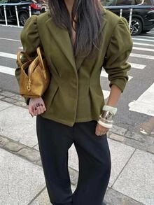 Aloruh Jaket Wanita Elegan dengan Kerah Berkerut dan Potongan Ramping, Warna Hijau Zaitun, Cocok untuk Musim Gugur/Musim Dingin, Nyaman, dan Kantor. - Olive Green - View 2