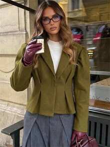 Aloruh Jaket Wanita Elegan dengan Kerah Berkerut dan Potongan Ramping, Warna Hijau Zaitun, Cocok untuk Musim Gugur/Musim Dingin, Nyaman, dan Kantor. - Olive Green - View 4
