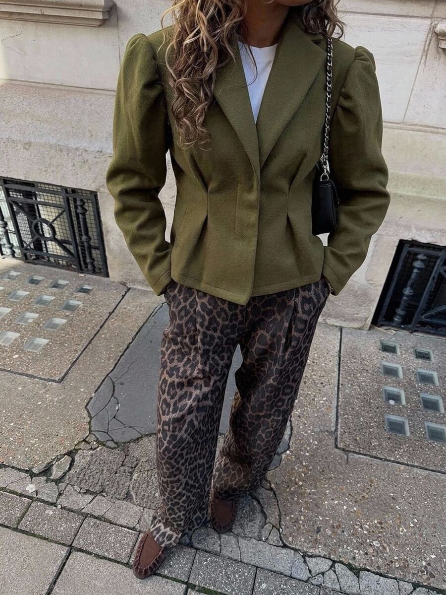 Aloruh Jaket Wanita Elegan dengan Kerah Berkerut dan Potongan Ramping, Warna Hijau Zaitun, Cocok untuk Musim Gugur/Musim Dingin, Nyaman, dan Kantor. - Olive Green - View 1