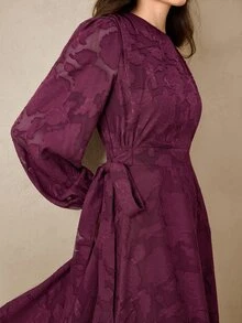 Graceveil 女款優雅端莊休閒收腰鏤空喇叭下擺阿拉伯風酒紅色洋裝，適合婚禮、洗禮賓客、正式場合，秋冬穿著 - 紅色 - 查看 8