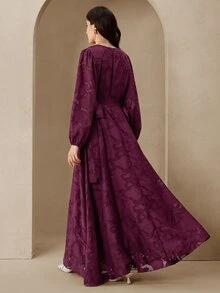 Graceveil 女款優雅端莊休閒收腰鏤空喇叭下擺阿拉伯風酒紅色洋裝，適合婚禮、洗禮賓客、正式場合，秋冬穿著 - 紅色 - 查看 2