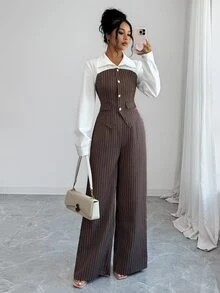 SHEIN Elenzya Women's Striped Colorblock Long Sleeve Top And Pants Casual Daily Suit 2 Pieces Set - Brown - View 3