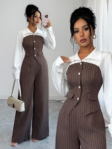 SHEIN Elenzya Women's Striped Colorblock Long Sleeve Top And Pants Casual Daily Suit 2 Pieces Set - Brown - View 1