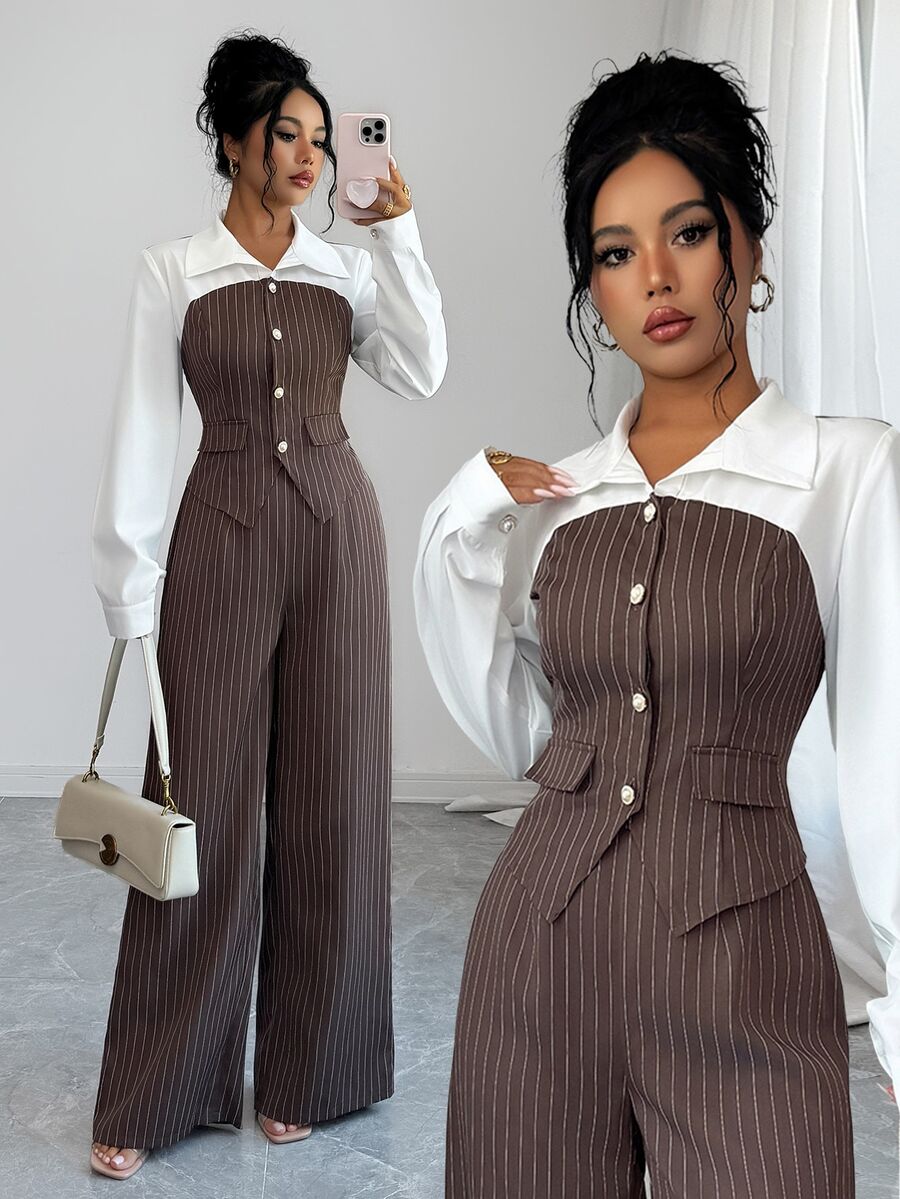 SHEIN Elenzya Women's Striped Colorblock Long Sleeve Top And Pants Casual Daily Suit 2 Pieces Set - Brown - View 1