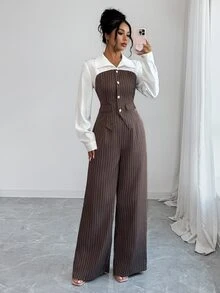 SHEIN Elenzya Women's Striped Colorblock Long Sleeve Top And Pants Casual Daily Suit 2 Pieces Set - Brown - View 5