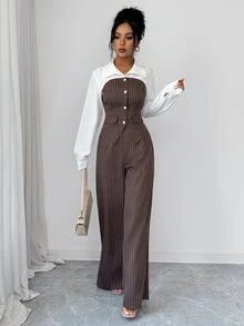 SHEIN Elenzya Women's Striped Colorblock Long Sleeve Top And Pants Casual Daily Suit 2 Pieces Set - Brown - View 4
