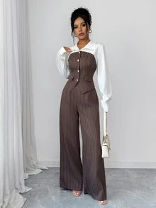 SHEIN Elenzya Women's Striped Colorblock Long Sleeve Top And Pants Casual Daily Suit 2 Pieces Set - Brown - View 7