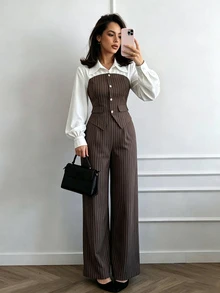 SHEIN Elenzya Women's Striped Colorblock Long Sleeve Top And Pants Casual Daily Suit 2 Pieces Set - Brown - View 8