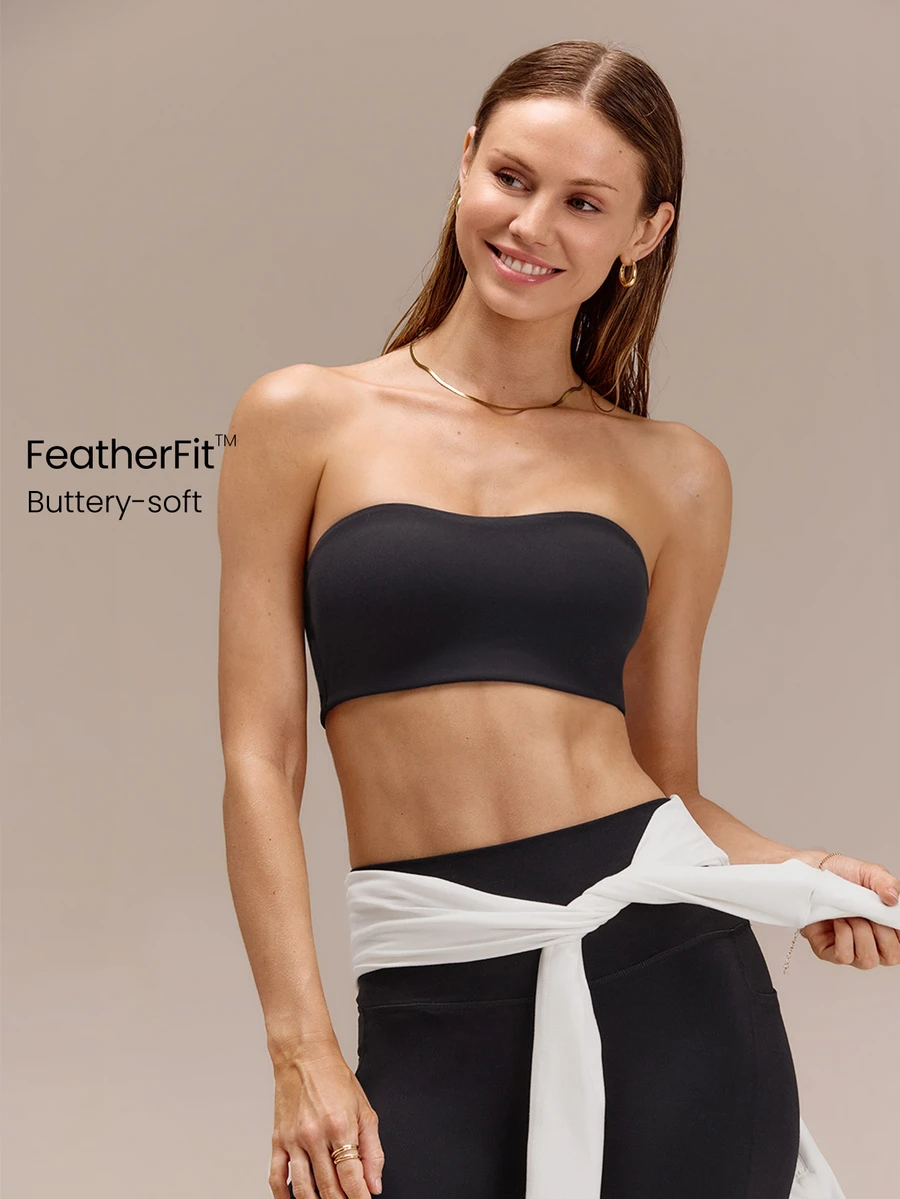 GLOWMODE FeatherFit™ Soft Sweat-Wicking Breathable Strapless Bandeau Bra With Non Slip Lining Supportive Cups Low Impact Summer Casual Daily Wear - Black - View 1