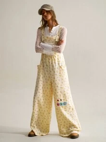 SHEIN Women's Bohemian Print Cotton Crinkle Fabric Overalls - Apricot - View 4