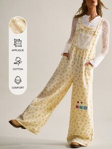 SHEIN Women's Bohemian Print Cotton Crinkle Fabric Overalls - Apricot - View 1