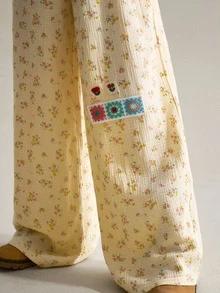 SHEIN Women's Bohemian Print Cotton Crinkle Fabric Overalls - Apricot - View 5