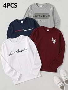 Vacaura 4件組青少年男孩長袖T恤套裝，休閒款混色「Los Angeles」字母圖案印花圓領套頭基本款T恤組 - 彩色 - 查看 1