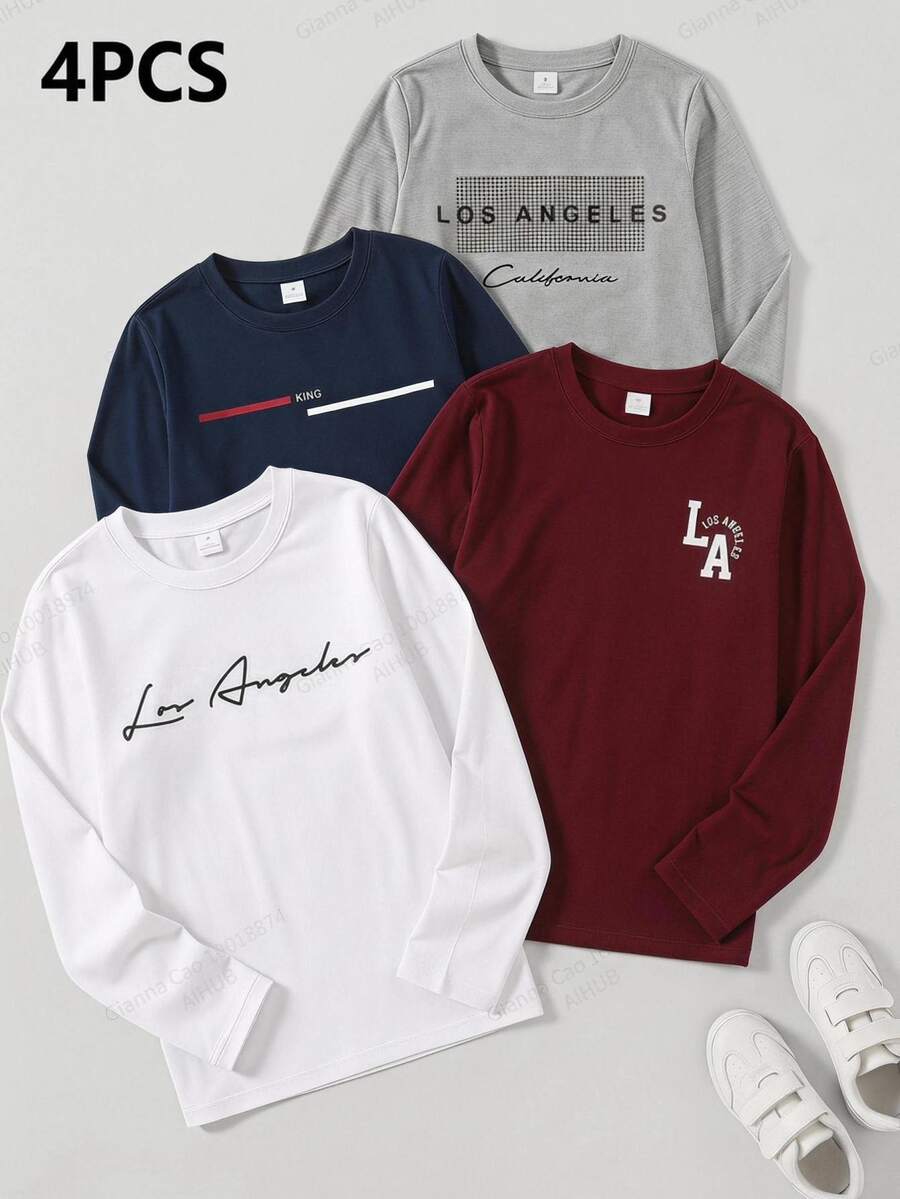Vacaura 4件組青少年男孩長袖T恤套裝,休閒款混色「Los Angeles」字母圖案印花圓領套頭基本款T恤組 - 彩色 - 查看 1