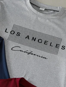 Vacaura 4件組青少年男孩長袖T恤套裝，休閒款混色「Los Angeles」字母圖案印花圓領套頭基本款T恤組 - 彩色 - 查看 5