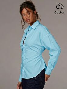 Athîral Women's Casual Versatile Solid Color Tie Waist Blouse - Teal Blue - View 5