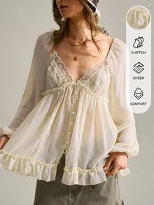 SHEIN The Neckline Features A Deep V-Neck Design With Lace Trimming. The Neckline Consists Of A Deep V-Neck With Lace Trimming. The Front Of The Garment Fea - Apricot - View 1