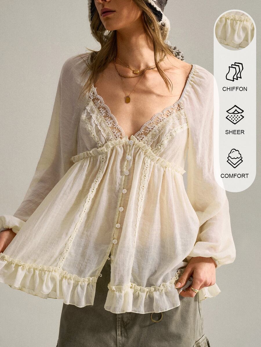 SHEIN The Neckline Features A Deep V-Neck Design With Lace Trimming. The Neckline Consists Of A Deep V-Neck With Lace Trimming. The Front Of The Garment Fea - Apricot - View 1