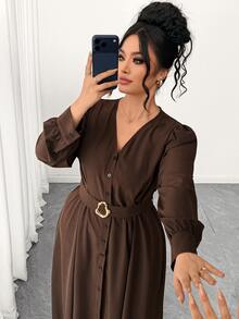 Velvienne Plus Size V-Neck Front Button Belt Waist Cinched Commuter Soft Atmosphere Autumn/Winter Office Daily Outing Shopping Elegant Dress Fall - Brown - View 8